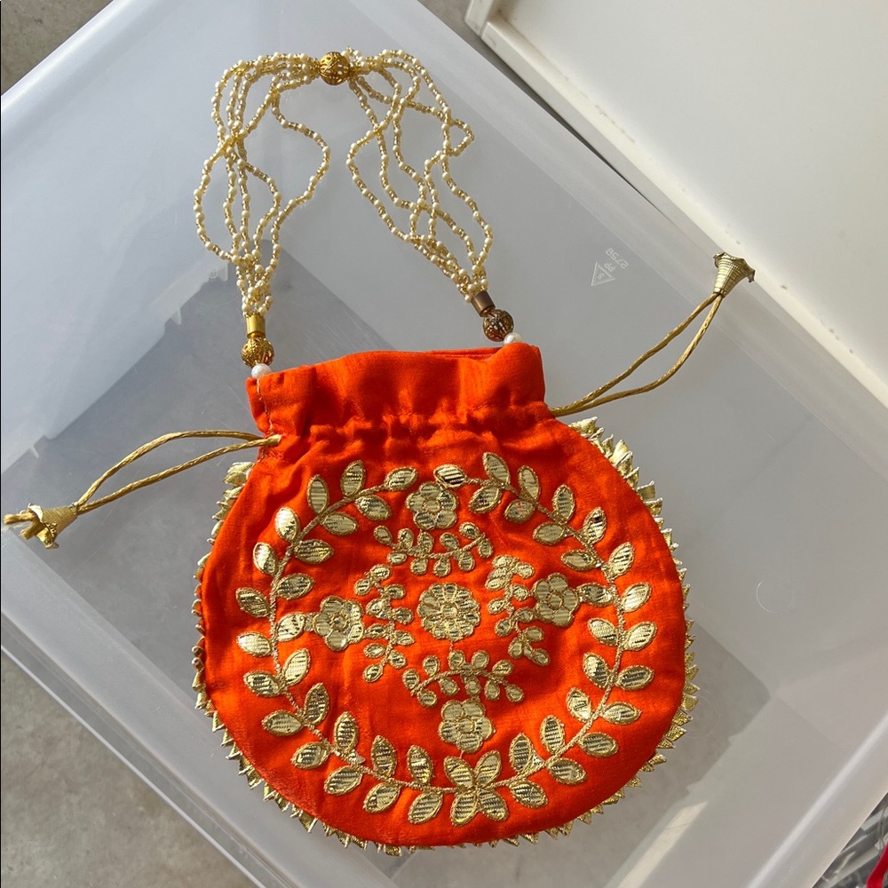 Elegant Orange and Gold Embroidered Women's Bag from India
